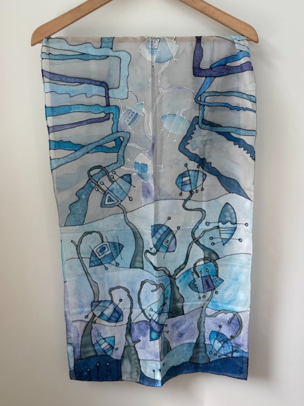 TARJÁNYIOVÁ Hand Painted Silk Scarf Artisan Blue Purple Abstract Art To Wear